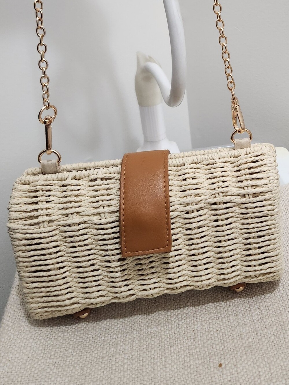 Woven Straw Crossbody Bag with Tan Accent